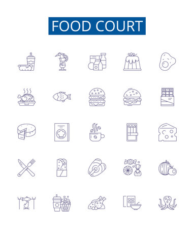 Food court line icons signs set. Design collection of Cafeteria, Eateries, Canteen, Bistro, Delicatessen, Bistro, Grill, Kiosk outline concept vector illustrationsのイラスト素材