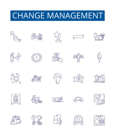 Change management line icons signs set. Design collection of Transformation, Agility, Transition, Adaptation, Revision, Modification, Improvement, Reinvention outline concept vector illustrationsのイラスト素材