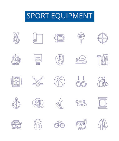 Sport equipment line icons signs set. Design collection of Gear, Balls, Racquets, Nets, Footwear, Headgear, Helmets, Padding outline concept vector illustrationsのイラスト素材