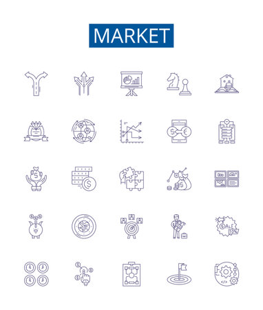 Market line icons signs set. Design collection of Market, Trade, Shopping, Retail, Bazaar, Vend, Exchange, Commercial outline concept vector illustrationsのイラスト素材