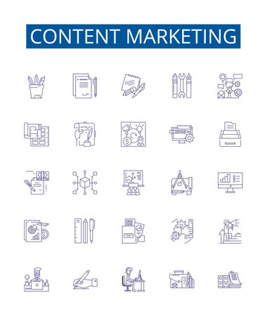 Content marketing line icons signs set. Design collection of Content, Marketing, Strategy, Distribution, Audience, Writing, SEO, Social outline concept vector illustrationsのイラスト素材
