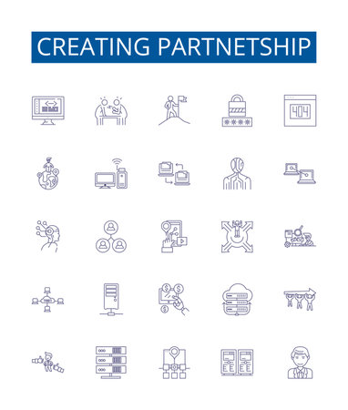 Creating partnetship line icons signs set. Design collection of Partnership, Collaborate, Alliance, Affinity, Syndicate, Amalgamate, Merging, Uniting outline concept vector illustrationsのイラスト素材