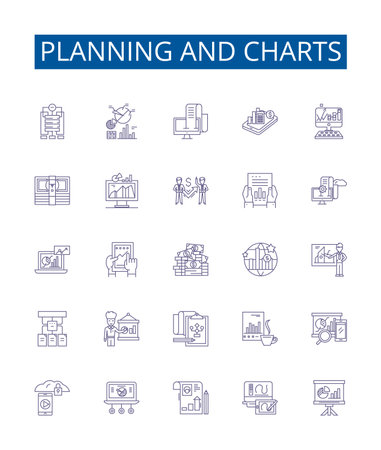 Planning and charts line icons signs set. Design collection of Planning, Charts, Strategy, Graphs, Diagrams, Maps, Timelines, Forecasts outline concept vector illustrationsのイラスト素材