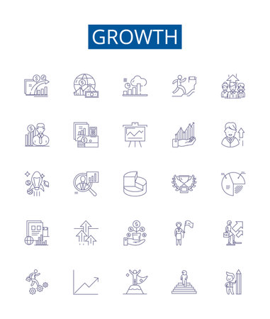 Growth line icons signs set. Design collection of Expansion, Advancement, Rise, Increment, Heighten, Develop, Increase, Amplify outline concept vector illustrationsのイラスト素材