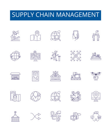 Supply chain management line icons signs set. Design collection of Sourcing, Logistics, Inventory, Procurement, Distribution, Flow, Quality, Processes outline concept vector illustrationsのイラスト素材