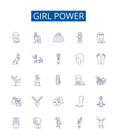 Girl power line icons signs set. Design collection of Feminism, Strength, Equality, Empowerment, Self belief, Courage, Resilience, Solidarity outline concept vector illustrationsのイラスト素材