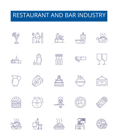 Restaurant and bar industry line icons signs set. Design collection of Restaurant, Bar, Industry, Dining, Cuisine, Meal, Food, Service outline concept vector illustrationsのイラスト素材