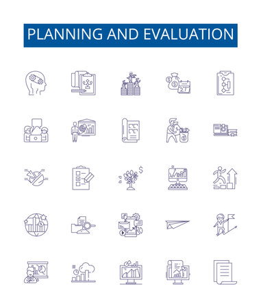 Planning and evaluation line icons signs set. Design collection of planning, evaluation, strategy, vision, mission, goal, objective, outcome outline concept vector illustrationsのイラスト素材