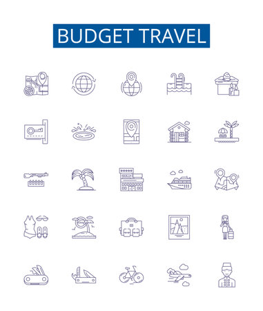 Budget travel line icons signs set. Design collection of Cheap, Budget, Affordable, Frugal, Economy, Discount, Pursue, Thrifty outline concept vector illustrationsのイラスト素材