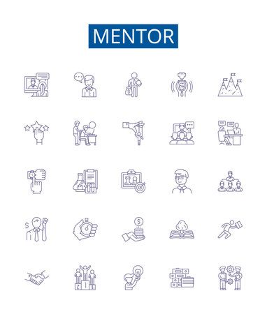 Mentor line icons signs set. Design collection of mentor, guidance, advice, experience, knowledge, wisdom, support, encouragement outline concept vector illustrationsのイラスト素材