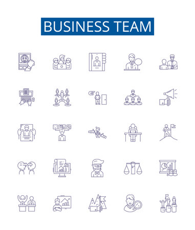 Business team line icons signs set. Design collection of Team, Business, Cooperation, Collaboration, Cooperation, Group, Unity, Integration outline concept vector illustrationsのイラスト素材