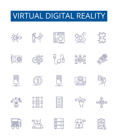 Virtual digital reality line icons signs set. Design collection of virtual, digital, reality, technology, immersive, experience, environment, simulation outline concept vector illustrationsのイラスト素材