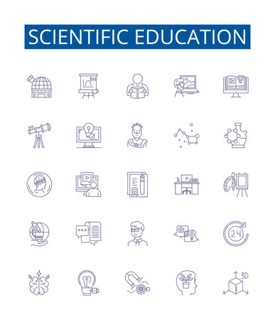 Scientific education line icons signs set. Design collection of Scientific, Education, Knowledge, Learning, Technology, Experiment, Method, Analysis outline concept vector illustrationsのイラスト素材
