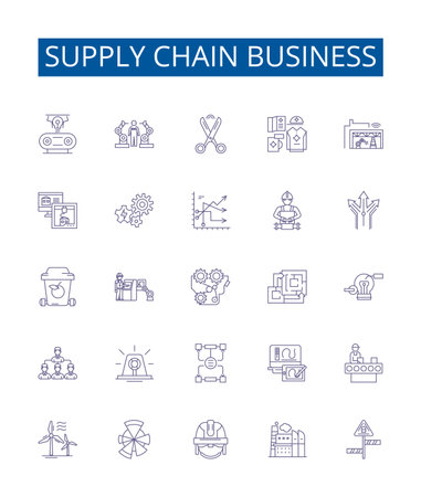 Supply chain business line icons signs set. Design collection of Distribution, Logistics, Procurement, Warehouse, Inventory, Manufacturing, Outsourcing, Shipping outline concept vector illustrationsのイラスト素材