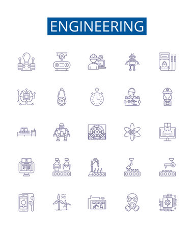 Engineering line icons signs set. Design collection of Engineering, Technology, Design, Manufacturing, Construction, Electronics, Mechanics, Science outline concept vector illustrationsのイラスト素材