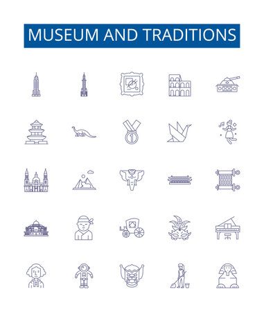 Museum and traditions line icons signs set. Design collection of museum, traditions, history, culture, heritage, artifact, exhibit, collection outline concept vector illustrationsのイラスト素材