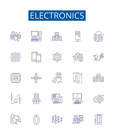 Electronics line icons signs set. Design collection of electronics, gadgets, technology, devices, appliances, consoles, circuit, components outline concept vector illustrationsのイラスト素材