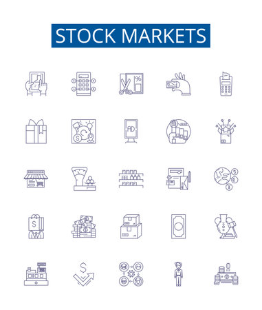 Stock markets line icons signs set. Design collection of Stocks, Markets, Equity, Trading, Securities, Investment, Exchange, Shares outline concept vector illustrationsのイラスト素材