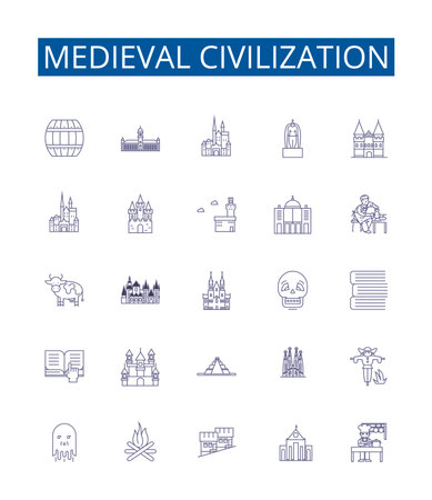 Medieval civilization line icons signs set. Design collection of Medieval, Civilization, History, Middle Ages, Knights, Peasants, Feudalism, Architecture outline concept vector illustrationsのイラスト素材