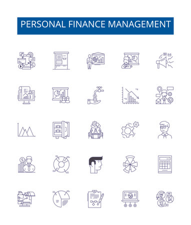 Personal finance management line icons signs set. Design collection of Budgeting, Investment, Banking, Savings, Debt, Insurance, Credit, Planning outline concept vector illustrationsのイラスト素材