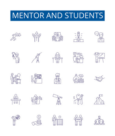Mentor and students line icons signs set. Design collection of Mentor, Students, Guidance, Teaching, Support, Learning, Experience, Training outline concept vector illustrationsのイラスト素材