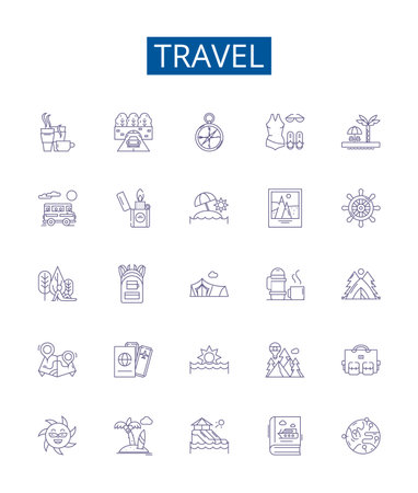 Travel line icons signs set. Design collection of Tour, Vacation, Trip, Journey, Explorer, Adventure, Backpacking, Hiking outline concept vector illustrationsのイラスト素材