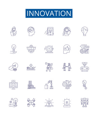 Innovation line icons signs set. Design collection of Innovate, Novel, Create, Advance, Pioneer, Breakthrough, Fresh, New outline concept vector illustrationsのイラスト素材