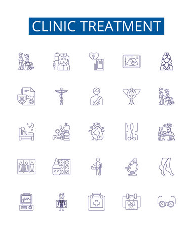 Clinic treatment line icons signs set. Design collection of Clinic, treatment, health, care, physician, consultation, surgery, therapy outline concept vector illustrationsのイラスト素材
