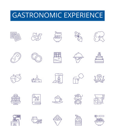 Gastronomic experience line icons signs set. Design collection of Cuisine, Epicurean, Delightful, Palatable, Savory, Tasty, Flavorful, Exquisite outline concept vector illustrationsのイラスト素材