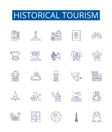 Historical tourism line icons signs set. Design collection of Heritage, cultural, antiquities, monuments, ruins, sites, Landmarks, ancient outline concept vector illustrationsのイラスト素材