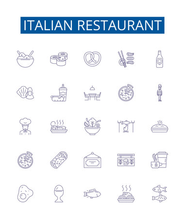 Italian restaurant line icons signs set. Design collection of Italian, restaurant, cuisine, pasta, pizza, bread, garlic, basil outline concept vector illustrationsのイラスト素材