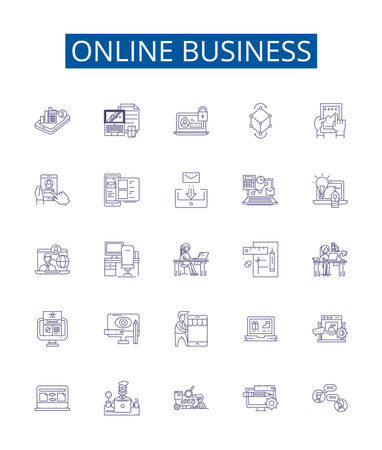 Online business line icons signs set. Design collection of Ecommerce, Digital, Advertising, Marketing, Webstore, Entrepreneur, Transaction, Platform outline concept vector illustrationsのイラスト素材