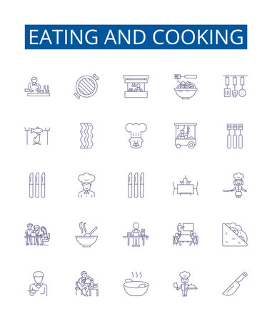 Eating and cooking line icons signs set. Design collection of eating, cooking, cuisine, recipe, ingredients, preparation, presentation, kitchen outline concept vector illustrationsのイラスト素材