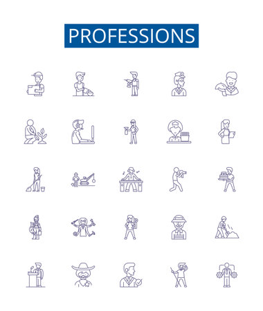Professions line icons signs set. Design collection of Job, Craft, Occupation, Profession, Vocation, Artisan, Specialist, Field outline concept vector illustrationsのイラスト素材