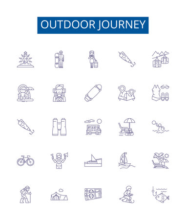 Outdoor journey line icons signs set. Design collection of Hike, Trek, Walk, Explore, Camp, Adventure, Safari, Cycle outline concept vector illustrationsのイラスト素材