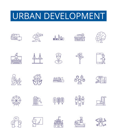 Urban development line icons signs set. Design collection of , Urbanization, Planning, Infrastructure, Transportation, Neighborhoods, Growth, Gentrification outline concept vector illustrationsのイラスト素材