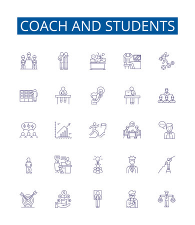 Coach and students line icons signs set. Design collection of Coach, Students, Mentor, Educator, Guide, Pupil, Teacher, Tutor outline concept vector illustrationsのイラスト素材