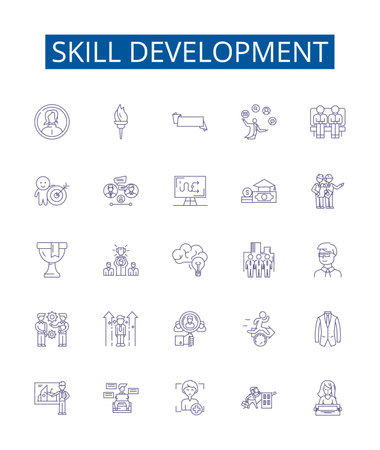 Skill development line icons signs set. Design collection of Training, Coaching, Learning, Mentoring, Enhancing, Refining, Improving, Strengthening outline concept vector illustrationsのイラスト素材