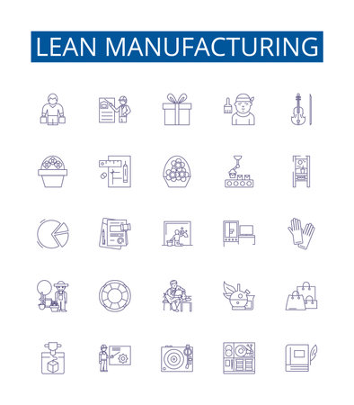Lean manufacturing line icons signs set. Design collection of Six Sigma, Lean, Kaizen, JIT, TPS, Kanban, 5S, Visual Management outline concept vector illustrationsのイラスト素材