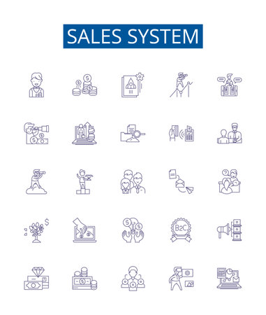 Sales system line icons signs set. Design collection of Sale, System, Automation, Management, Tracking, Forecasting, Analysis, Reporting outline concept vector illustrationsのイラスト素材