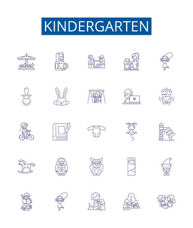 Kindergarten line icons signs set. Design collection of Preschool, Nursery, Early, Education, Learning, Play, Kinder, Toddler outline concept vector illustrationsのイラスト素材