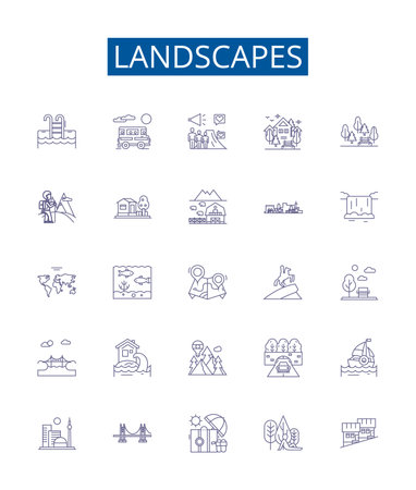 Landscapes line icons signs set. Design collection of Vista, Scenery, Terrain, Skyline, Meadow, Outdoors, Nature, Panorama outline concept vector illustrationsのイラスト素材