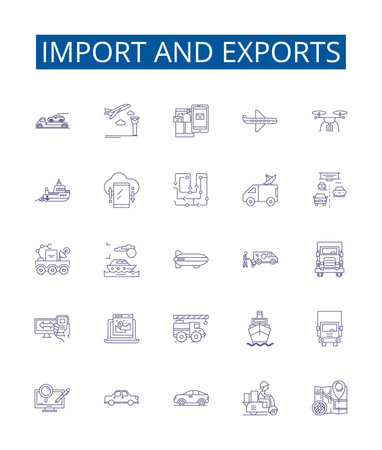 Import and exports line icons signs set. Design collection of import, export, trade, global, market, logistics, transportation, shipping outline concept vector illustrationsのイラスト素材