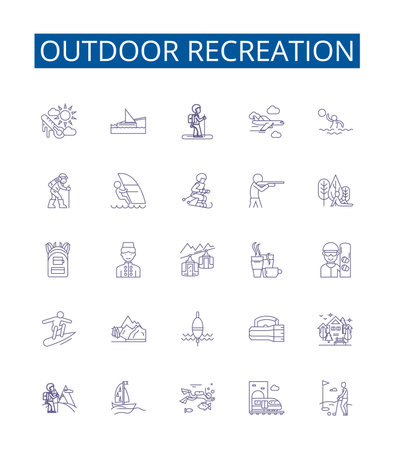 Outdoor recreation line icons signs set. Design collection of Hiking, Camping, Fishing, Kayaking, Boating, Cycling, Climbing, Hunting outline concept vector illustrationsのイラスト素材