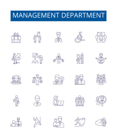 Management department line icons signs set. Design collection of , Manage, Department, Staff, Team, Lead, Execute, Negotiate outline concept vector illustrationsのイラスト素材