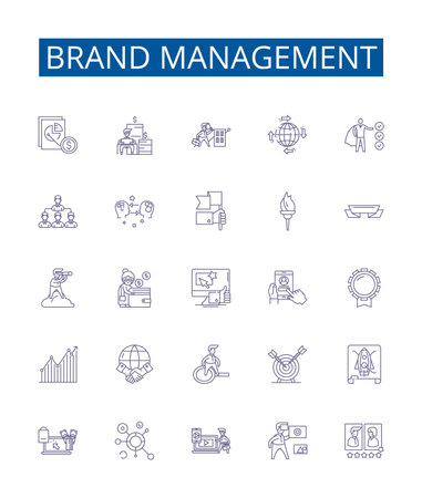 Brand management line icons signs set. Design collection of Branding, Promotion, Auditing, Reputation, Advertising, Communication, Awareness, Reinforcement outline concept vector illustrationsのイラスト素材