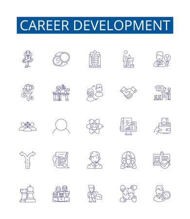 Career development line icons signs set. Design collection of Career, Development, Growth, Progress, Success, Advancement, Proficiency, Exploration outline concept vector illustrationsのイラスト素材