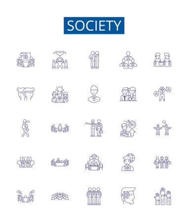 Society line icons signs set. Design collection of Society, community, culture, people, humans, civilization, organization, norms outline concept vector illustrationsのイラスト素材