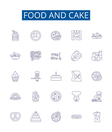 Food and cake line icons signs set. Design collection of Food, Cake, Cuisine, Bakery, Sweets, Fruits, Pies, Cookies outline concept vector illustrationsのイラスト素材