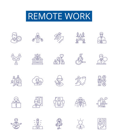 Remote work line icons signs set. Design collection of Remote, Work, Telecommuting, Virtual, Distant, Digital, Offsite, Online outline concept vector illustrationsのイラスト素材